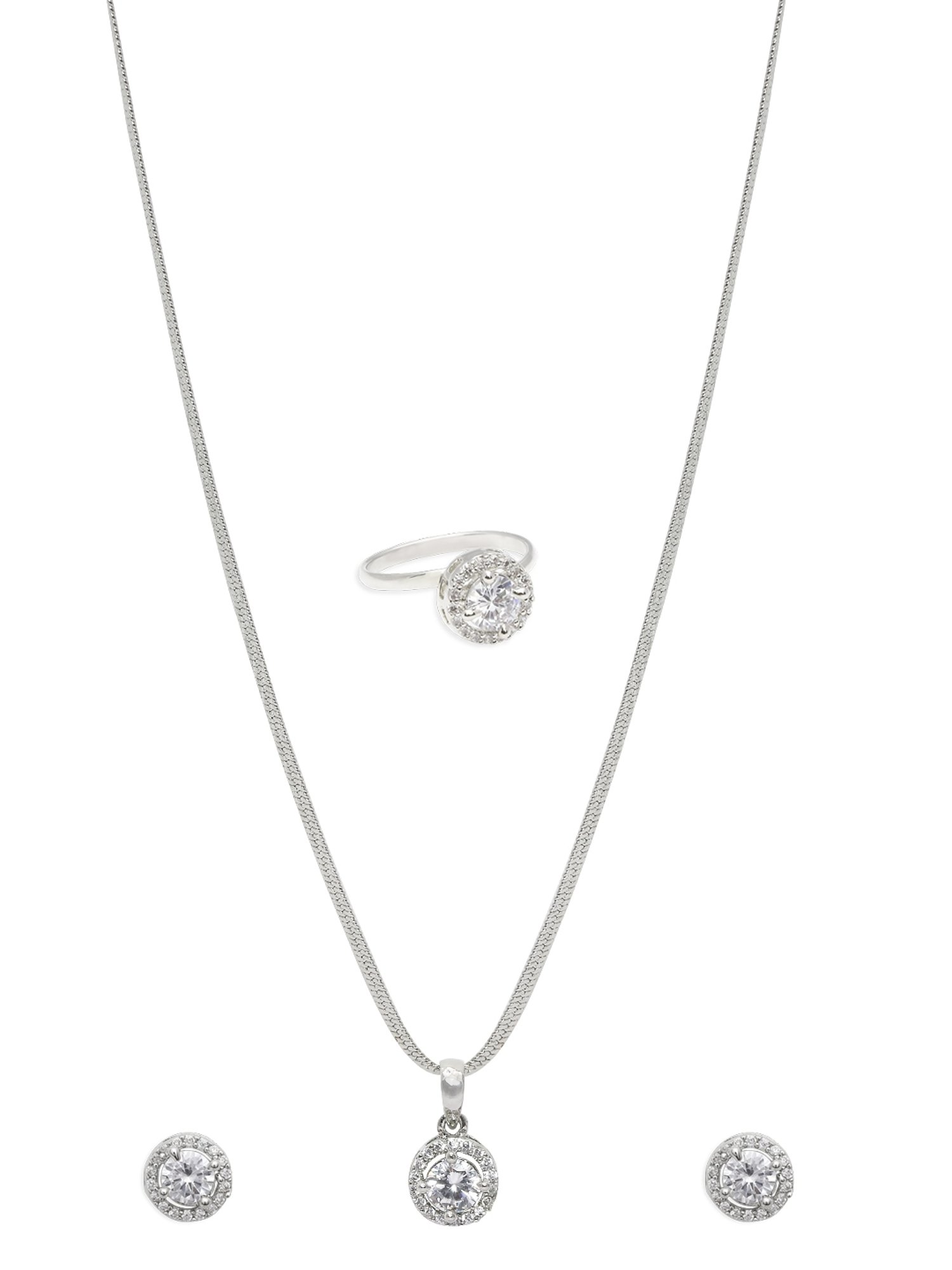 OOMPH Silver Tone Solitaire Cubic Zirconia Ear Stud Earrings, Ring & Pendant Set
