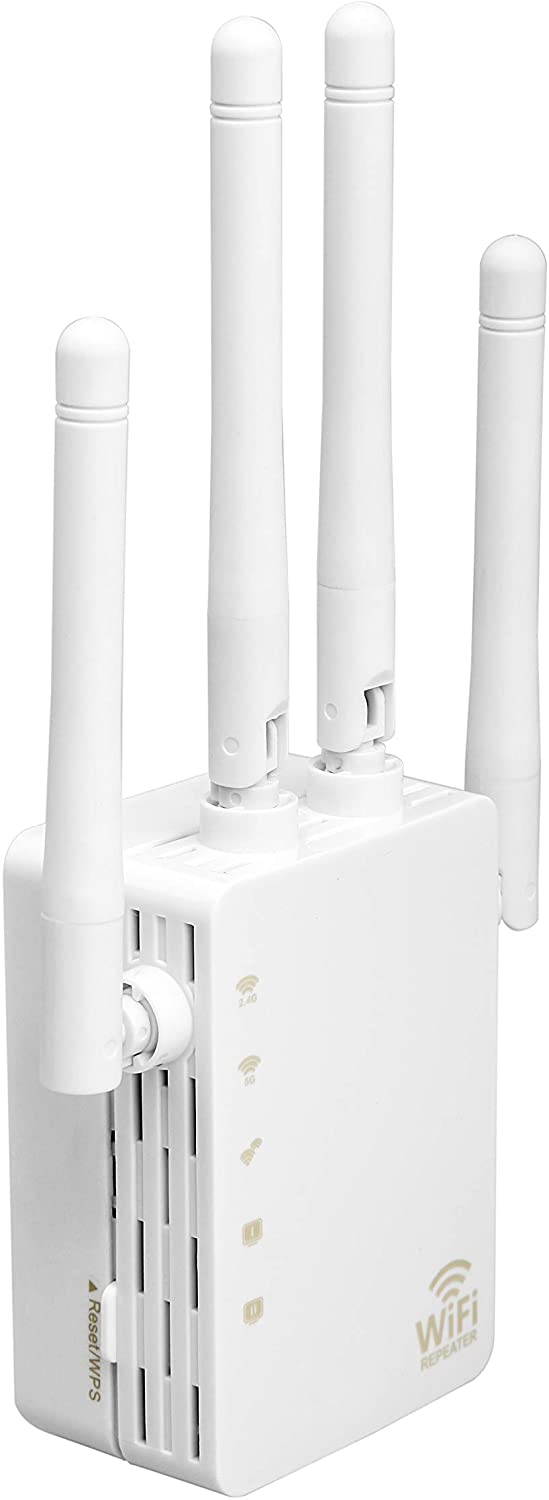 WiFi Extender,1200Mbps WiFi Repeater Wireless Signal Booster 2.4 & 5GHz Dual Band WiFi Extender 2 Ethernet Ports&with 4 External Antennas 360 Degree Full Coverage WiFi Range Extender Repeater (White)