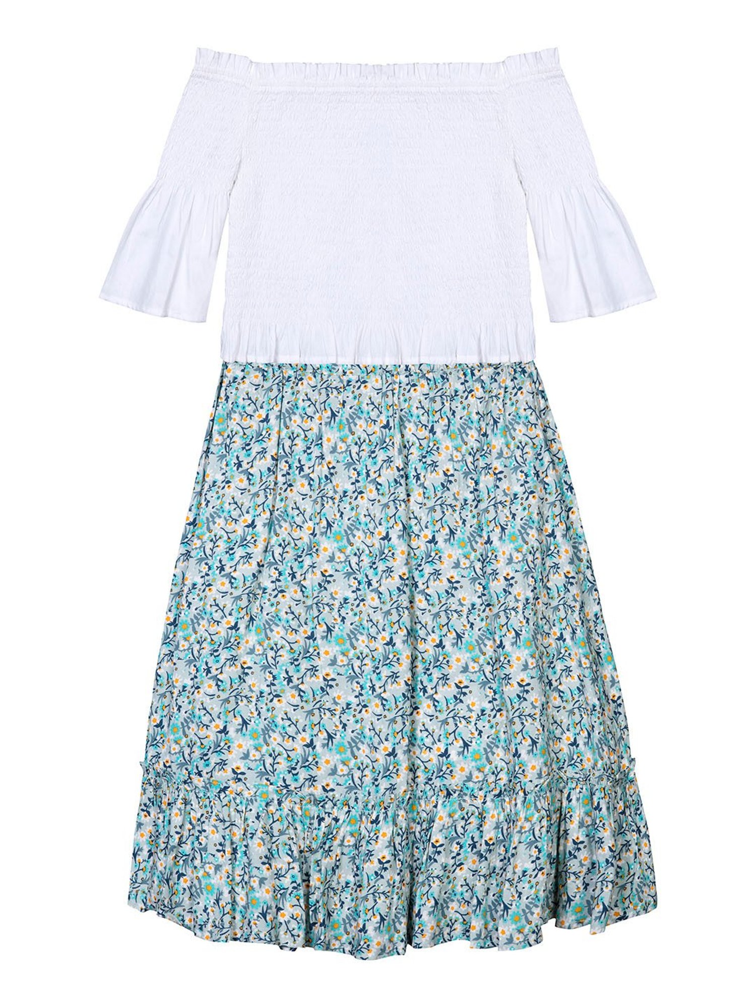 Budding Bees Kids White & Blue Floral Print Full Sleeves Crop Top with Skirt