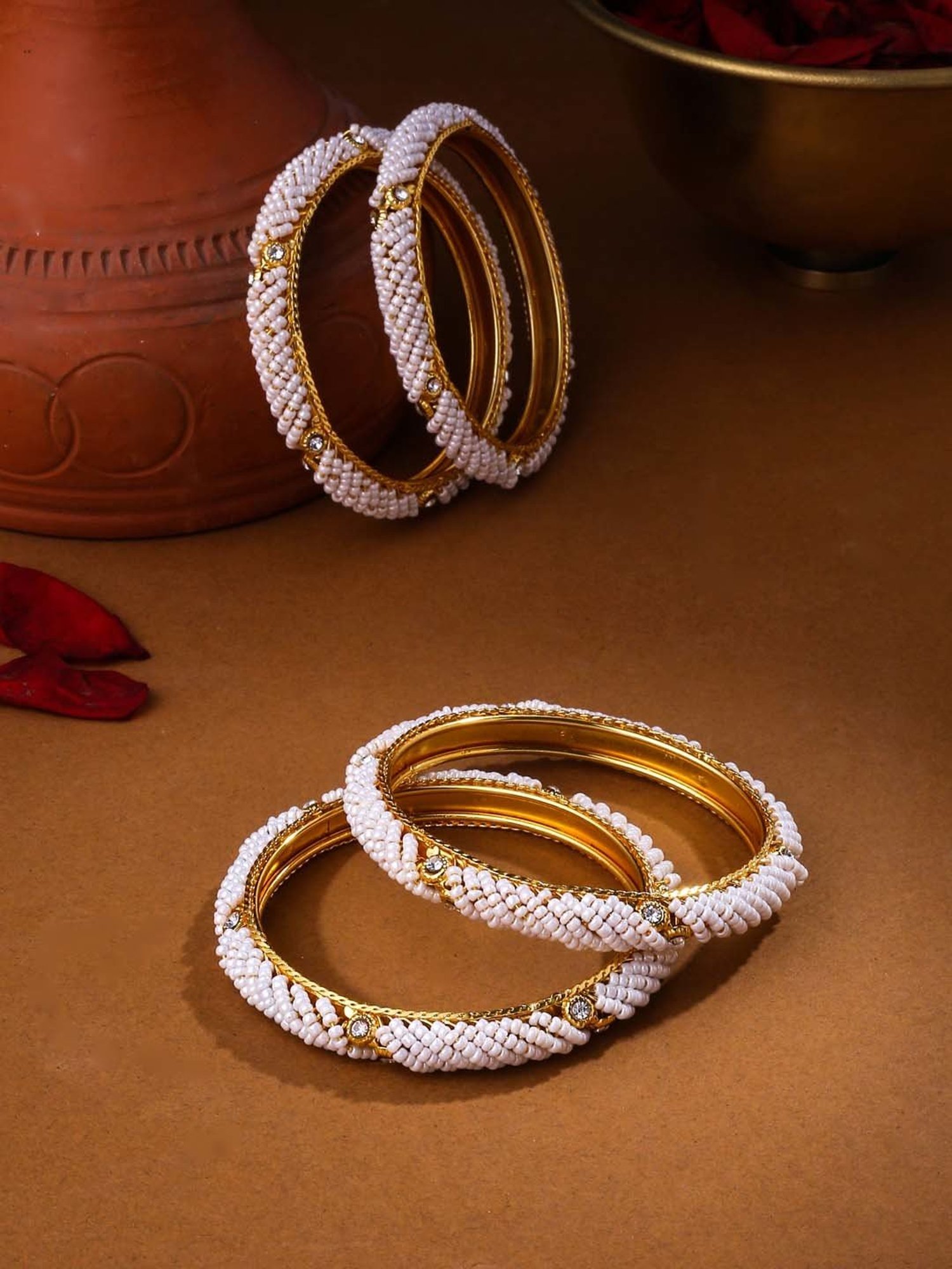 NVR Women Set Of 2 Gold-Plated Traditional Pearls Beaded Bangles