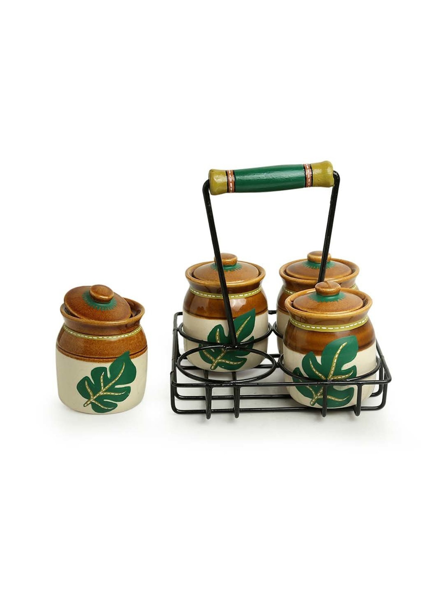 ExclusiveLane Shades of a Leaf Brown & Green Ceramic Multi-Purpose Jars - Set of 4 (0.22 L)