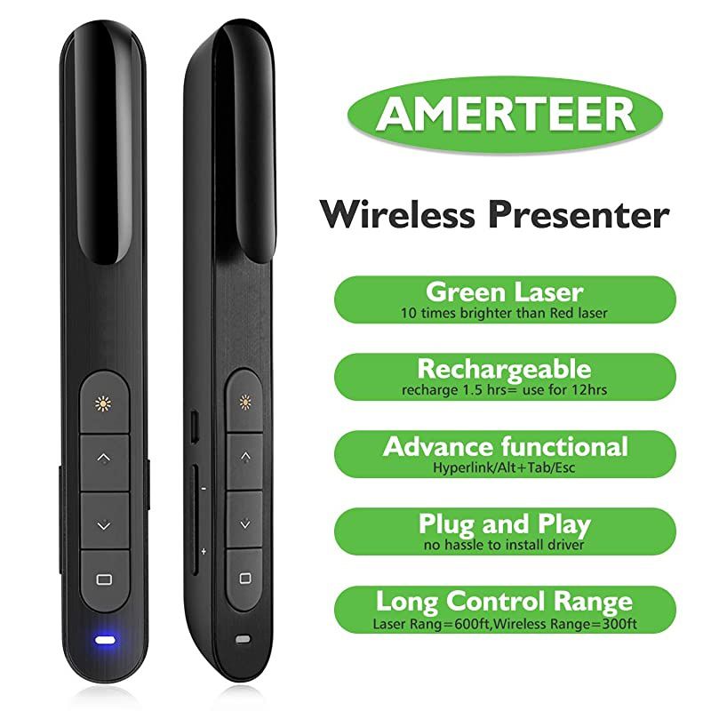 Wireless Presenter Green Light Rechargeable Presentation Remote Powerpoint Clicker with Laser Pointer PPT Slides Clicker Support Hyperlink RF 24GHz