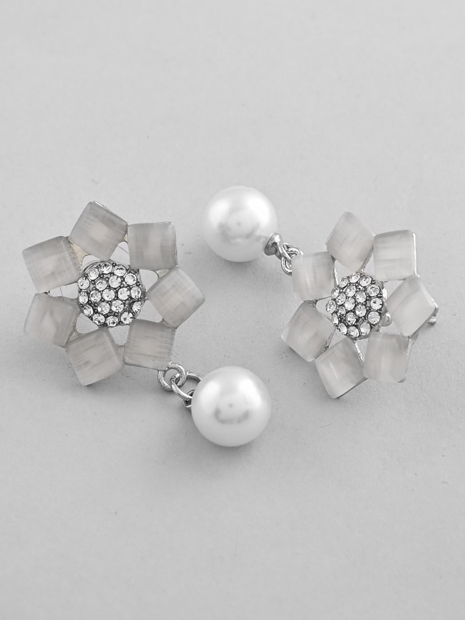 VOJ Silver Plated Floral Stone Studded Earrings for Women