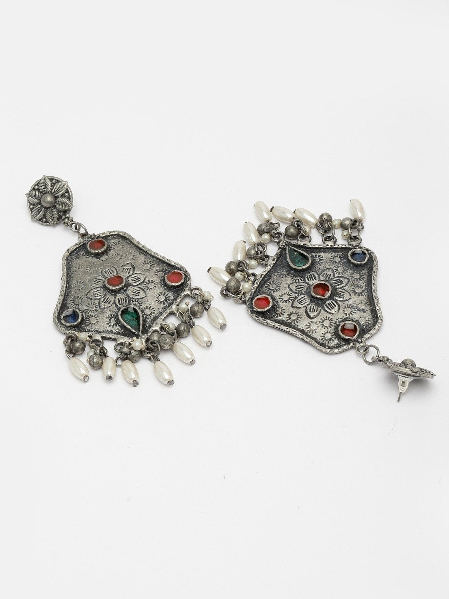 Moedbuille Pearls Meenakari Work Antique Tribal Design Oxidised Silver Plated Earrings
