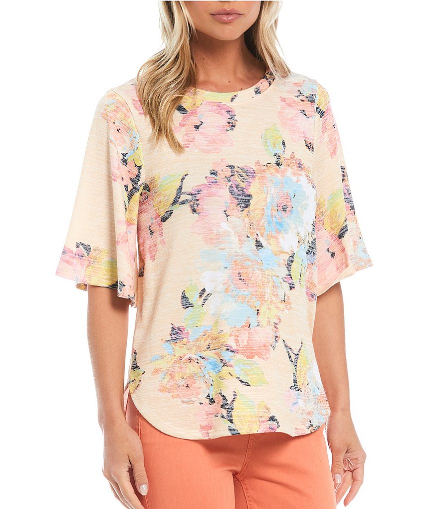 Westbound Petite Size Painterly Flower Print Flounce Sleeve Top
