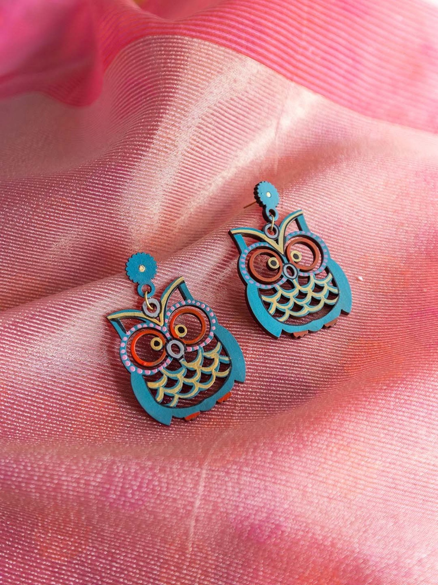 ExclusiveLane 'Symphony of Owls' Teal Blue Handpainted Earrings in Recycled Wood