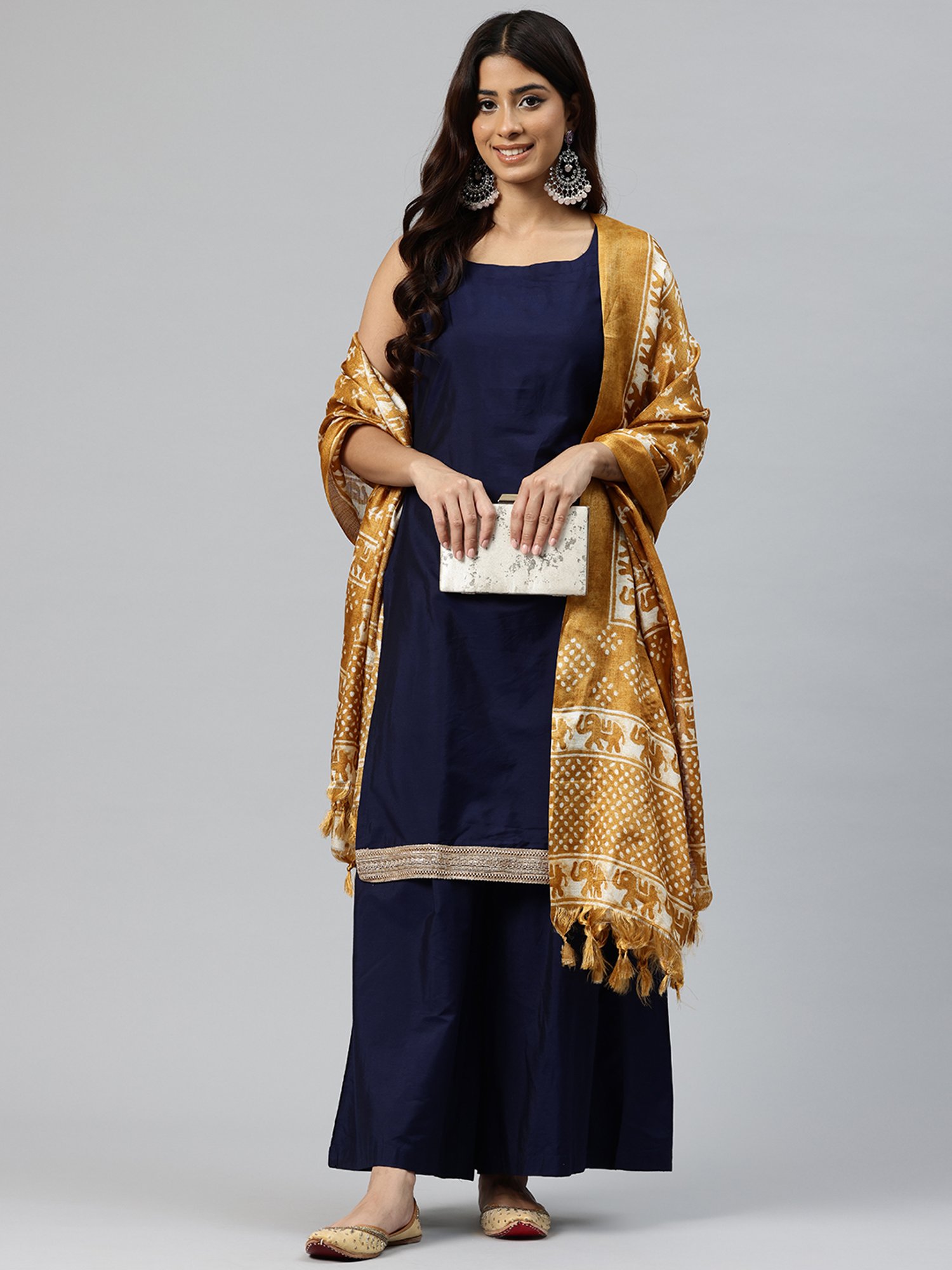 One Femme Gold Silk Printed Dupatta