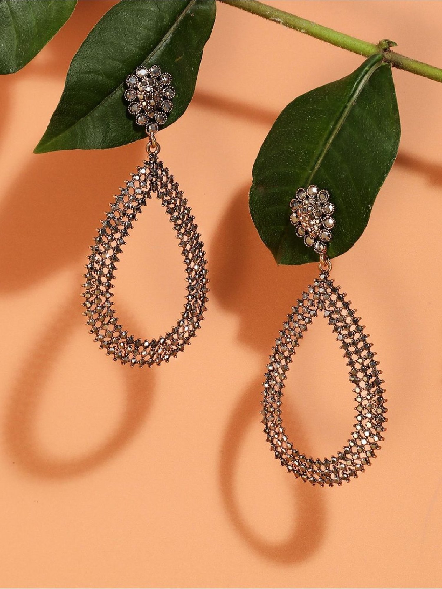 Sohi Women's Maxi Intricate Antique Teardrop Drop Earrings  Silver