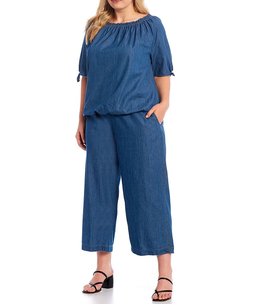 I.N. Studio Plus Size Denim Short Tie Sleeve Bubble Hem Off-the-Shoulder Ruffle Trim Neck Top