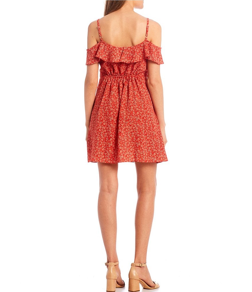 I.N. San Francisco Cold-Shoulder Ruffle Ditsy Print Dress
