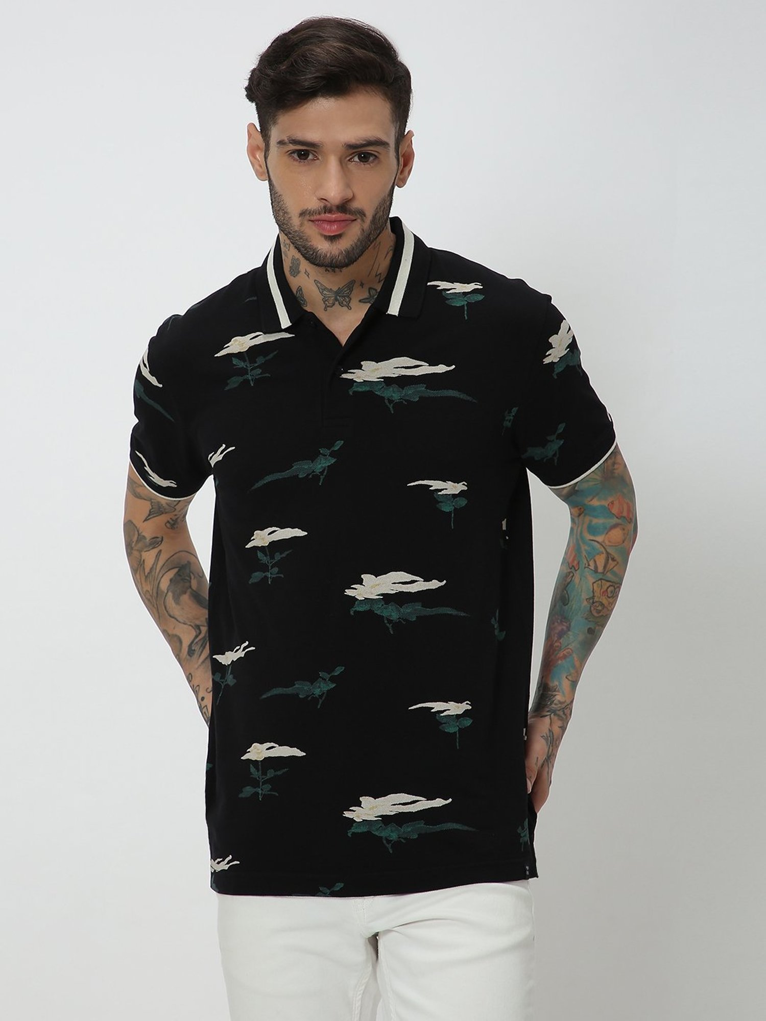 Mufti Black Slim Fit Floral Print Cotton Polo T-Shirt