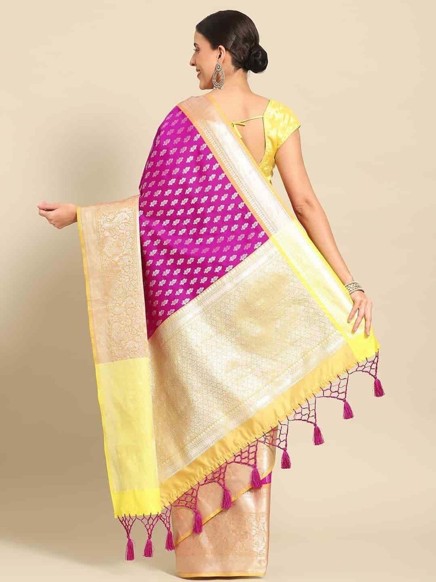 Silk Land Purple & Yellow Woven Saree With Unstitched Blouse