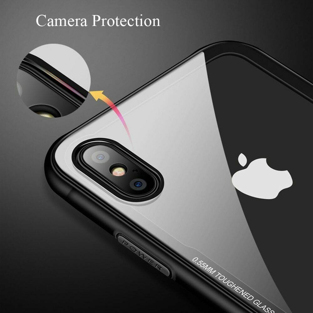 For iPhone X XS Silicone 9H Tempered Glass Hybrid Phone Case Crystal Clear Cover