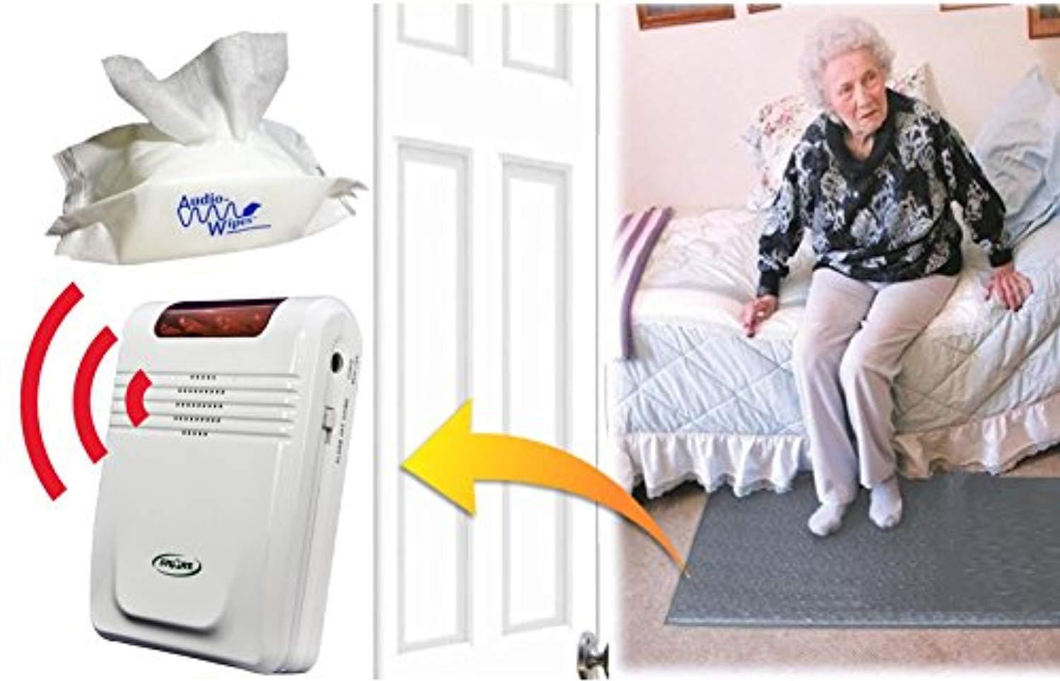 smart caregiver economy cordless fall monitor and cordless floor mat sensor bundle with pouch of 30 cleaning wipes
