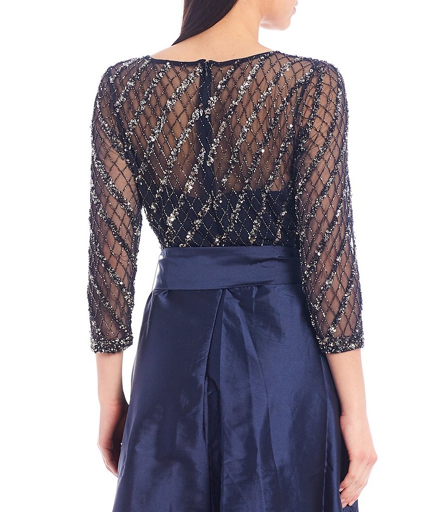 Pisarro Nights Beaded Bodice 3/4 Sleeve Tie Waist Hi-Low Taffeta Ball Gown