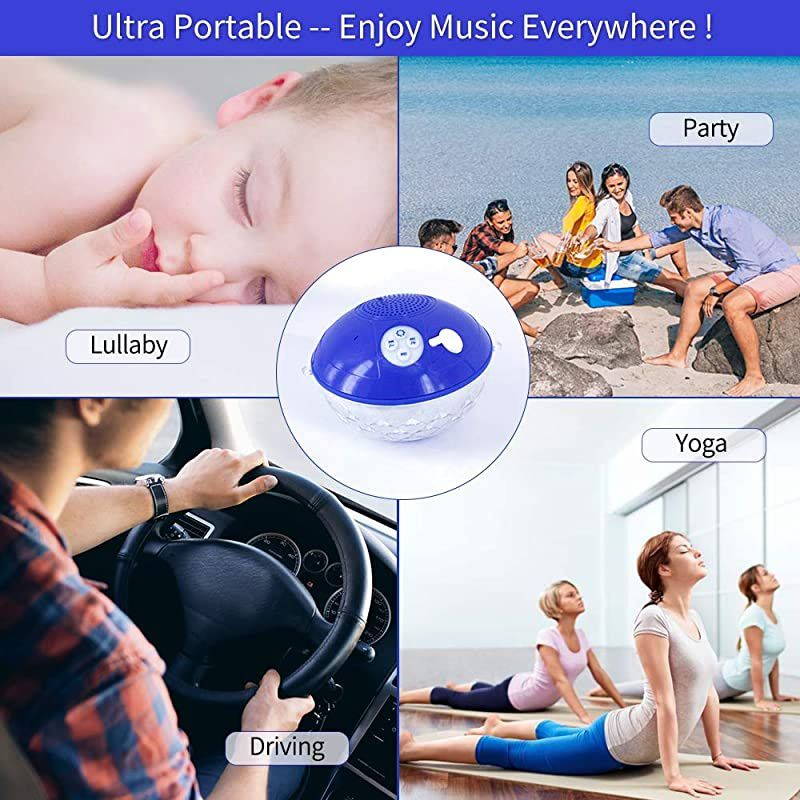 Speakers with Colorful Lights Portable Speaker IPX7 Waterproof Floatable Builtin MicCrystal Clear Stereo Sound Speakers Wireless 50ft Range for Home Shower Outdoors Pool Travel