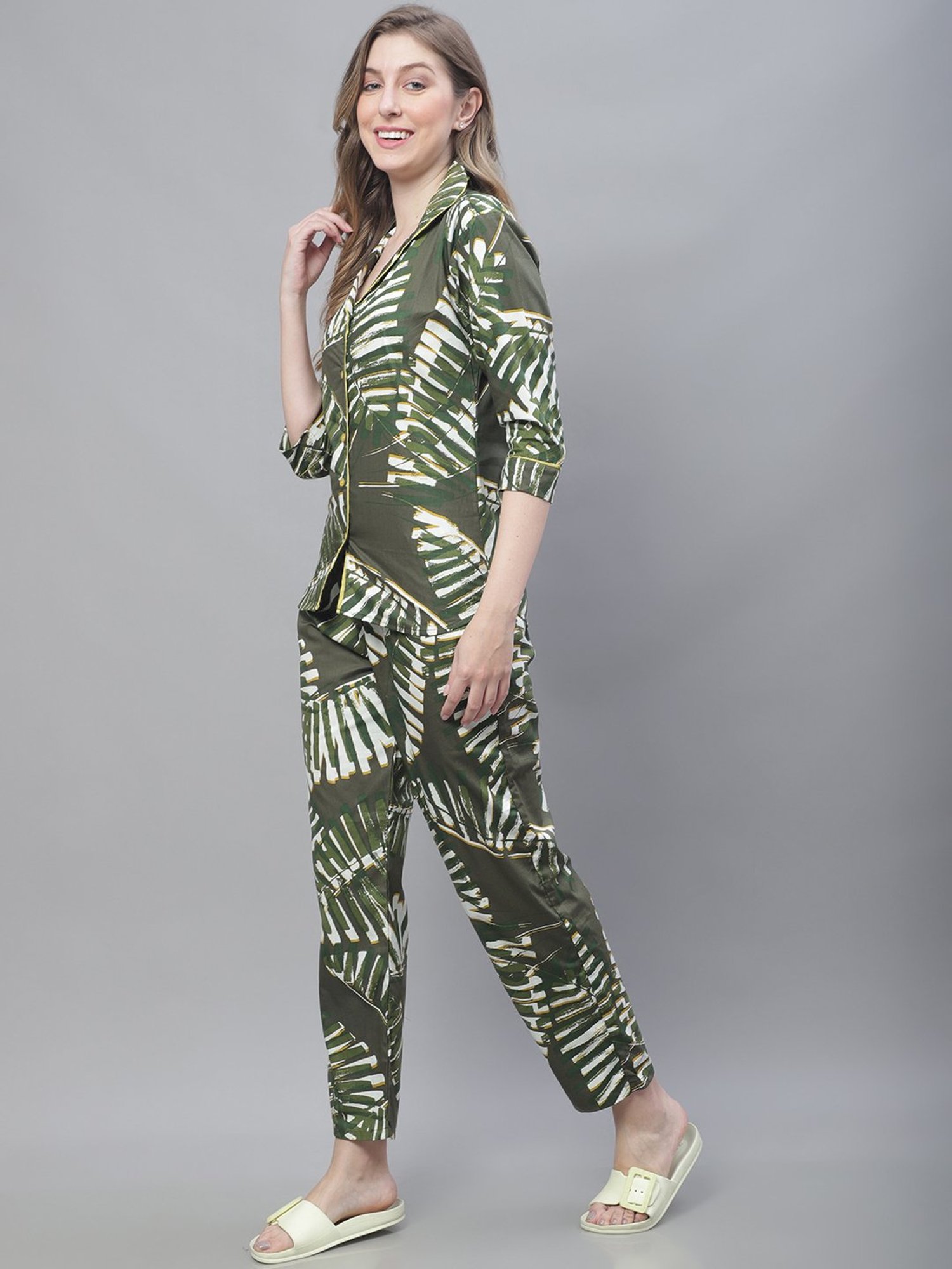 TAG 7 Green Cotton Printed Shirt Pyjama Set