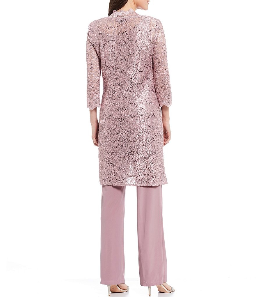 R & M Richards 3-Piece Sequin Glitter Scallop Lace Duster Pant Set