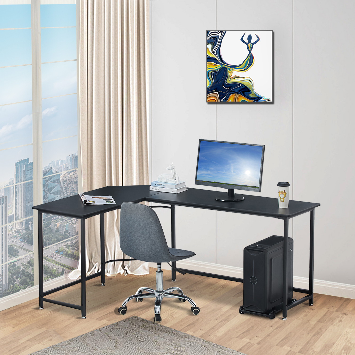 66'' L-shaped Desk Home Office Desk Computer Desk Gaming Desk Large Workstation with CPU Stand and Steel Structure