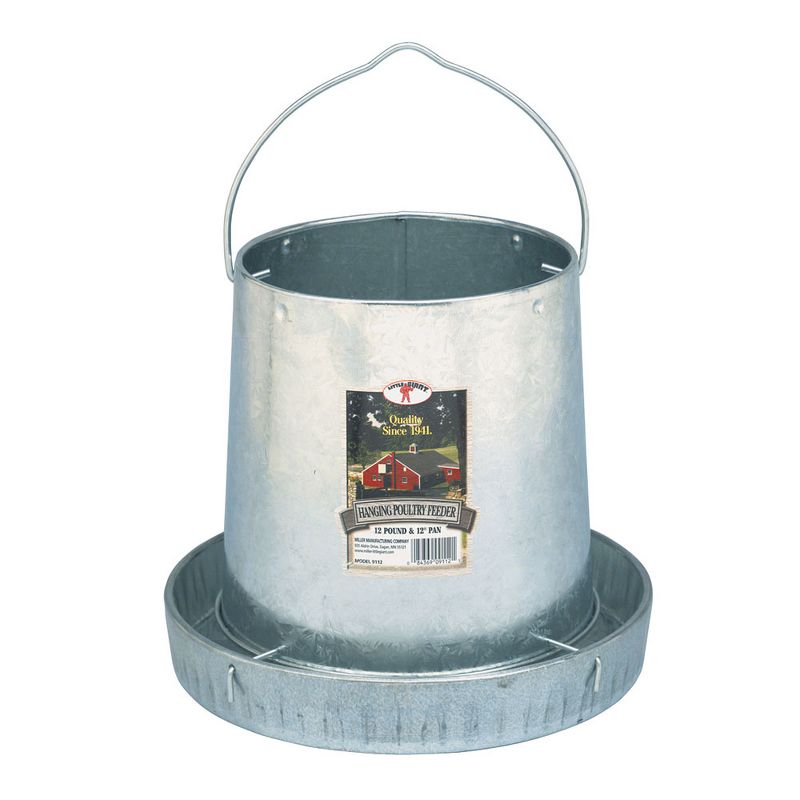 Miller 12 Pound Galvanized Hanging Poultry Feeder Dispenser Container with Feed Saver Ring and Easy Carrying Handle for Chickens and Birds, Steel