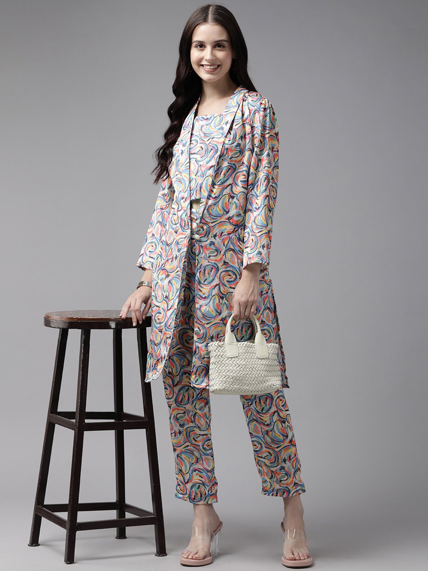 Aarika Multicolored Printed Crop Top Pant Set With Jacket