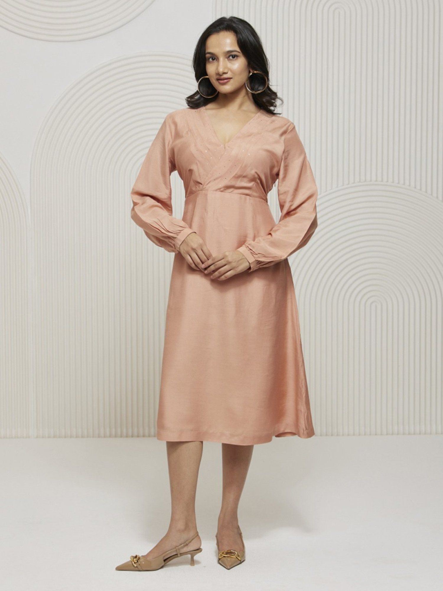 Artagai Salmon Pink Kashida Pleated Fit and Flare Dress with Mukaish Work On Neck