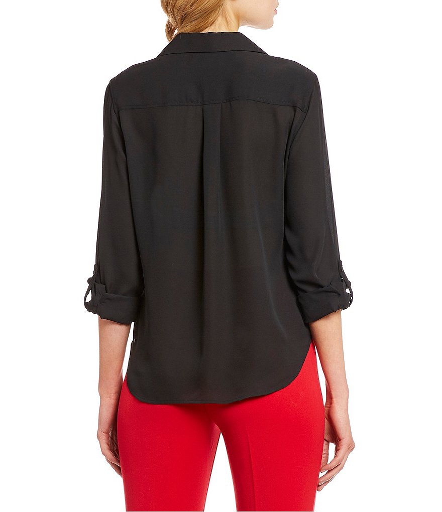 Investments Olivia Machine Washable Point Collar Neck Long Sleeve Button-Front Roll-Tab Utility Blouse