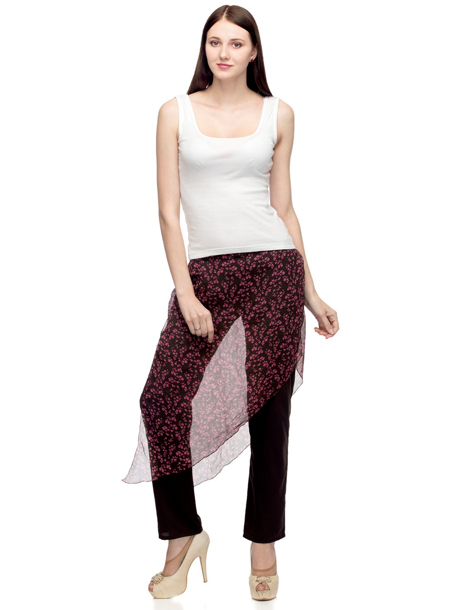 One Femme Black & Pink Printed Regular Fit Low Rise Trousers With Attached Sarong