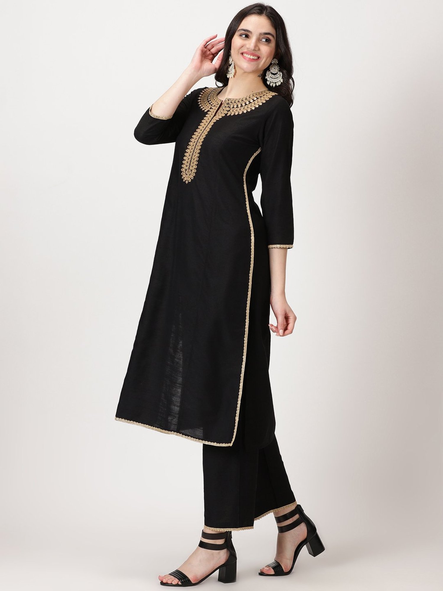 Saffron Threads Black Embroidered Straight Kurta