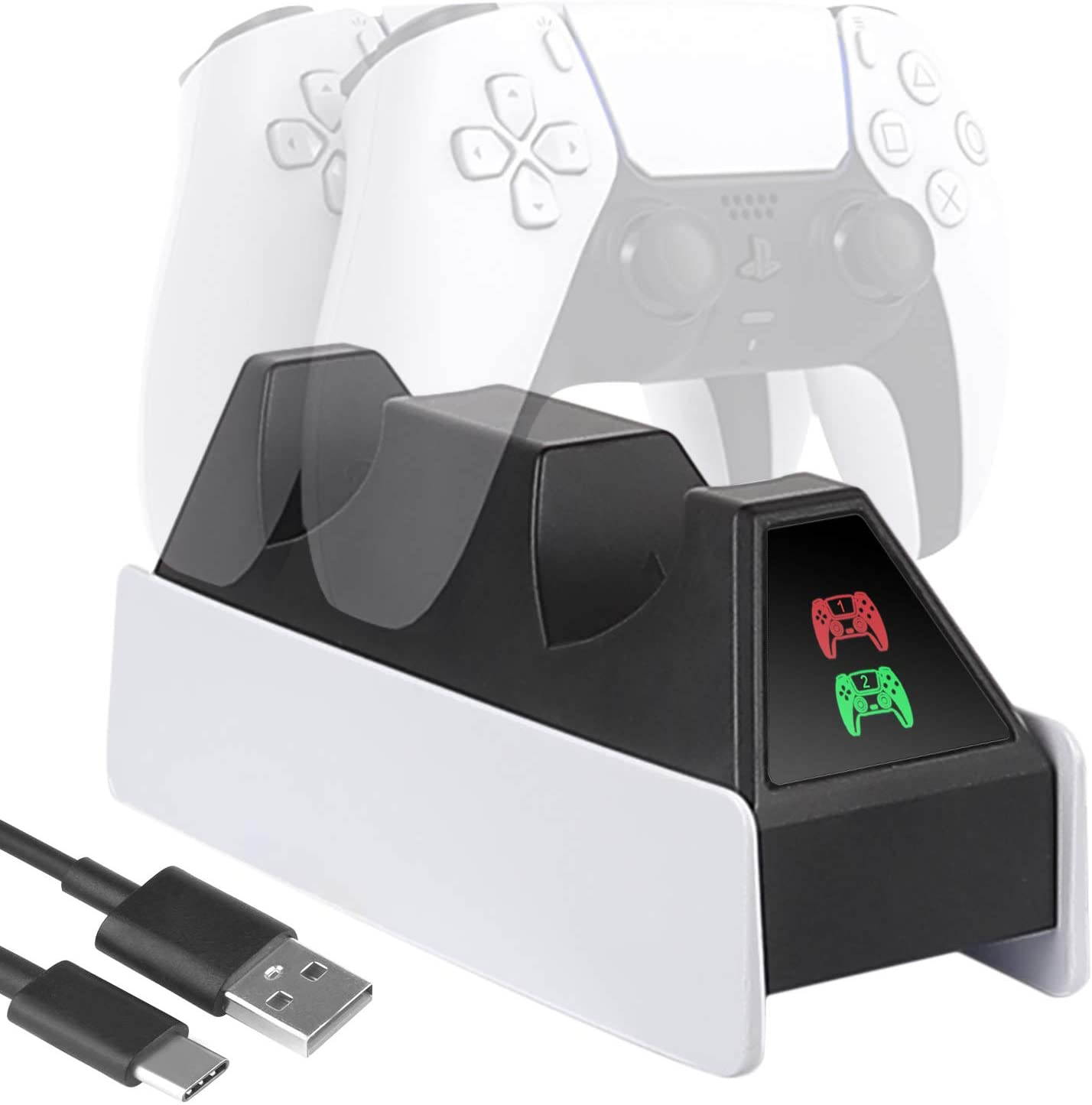 PS5 Dualsense Charging Station, PS5 Controller Charger Station with LED Indicator, Intelligent Chip Protection, USB Cable Fast Charging