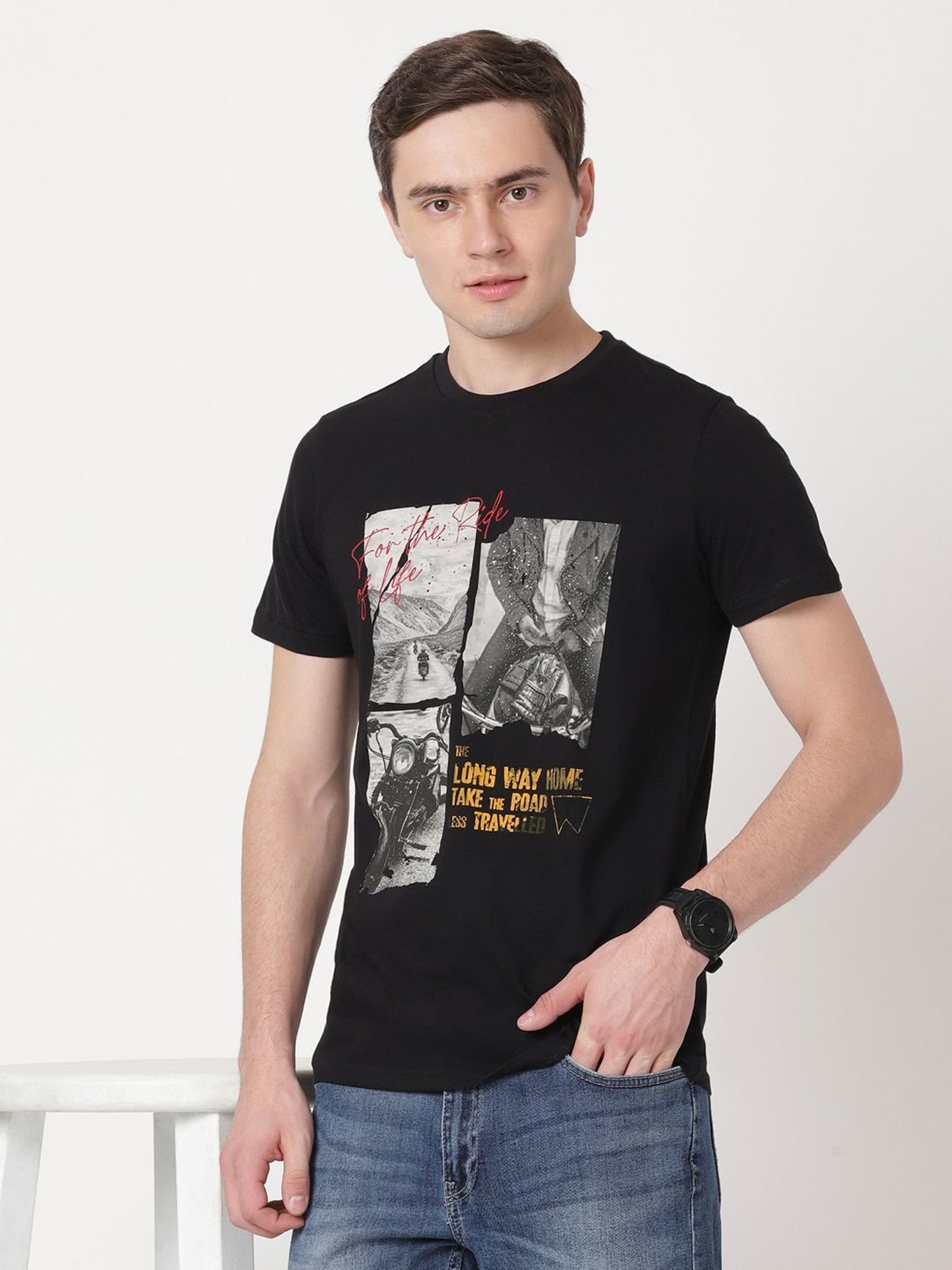 Wrangler Jet Black Cotton Regular Fit Printed T-Shirt