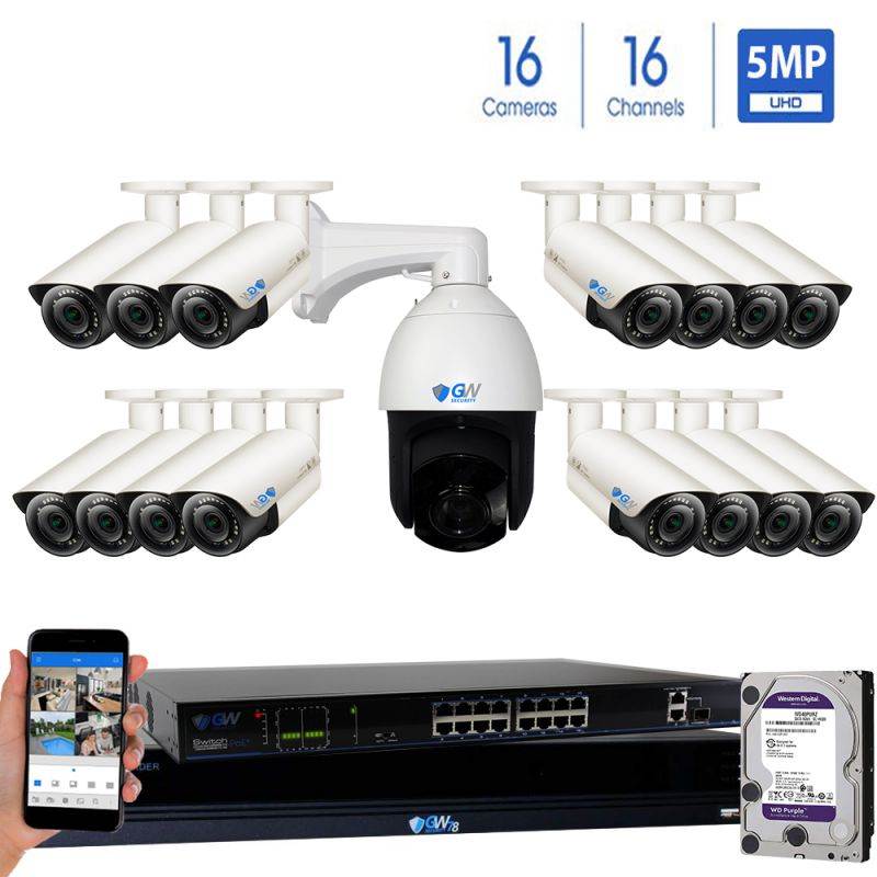 GW Security 16 Channel HD 1920p H.265 Security System with 8TB HDD, (15)* PoE 5MP HD 1920p 2.8-12mm Varifocal Weather Proof IP Cameras, and (1)* 20x Zoom 5MP HD 1920p IP PTZ (Pan-Tilt-Zoom) Camera