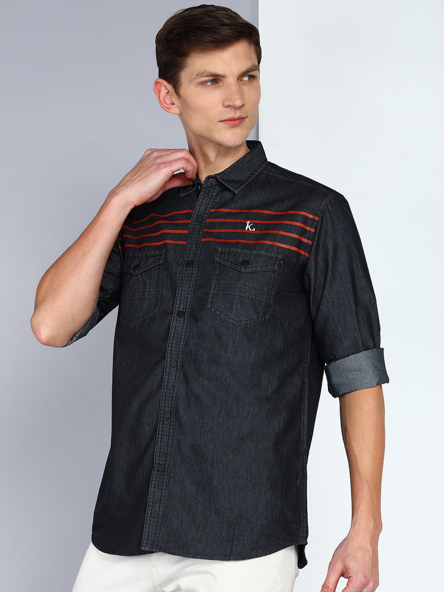 Kuons Avenue Charcoal Slim Fit Striped Denim Shirt