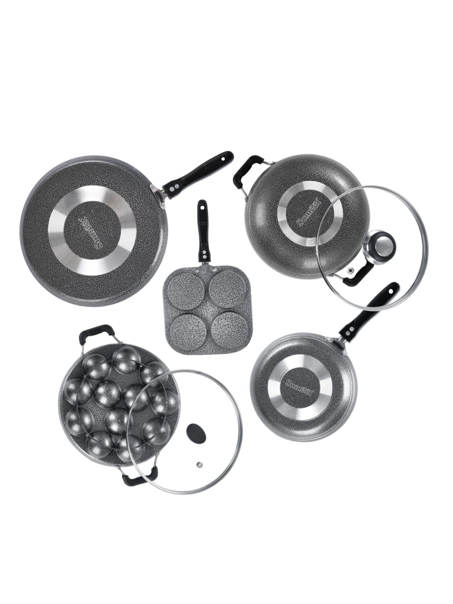 Sumeet NonStick Cookware Set-Dosa Tawa+Snack Maker+Kadhai &GlassLid+Appam Patra &GlassLid+Tapper pan