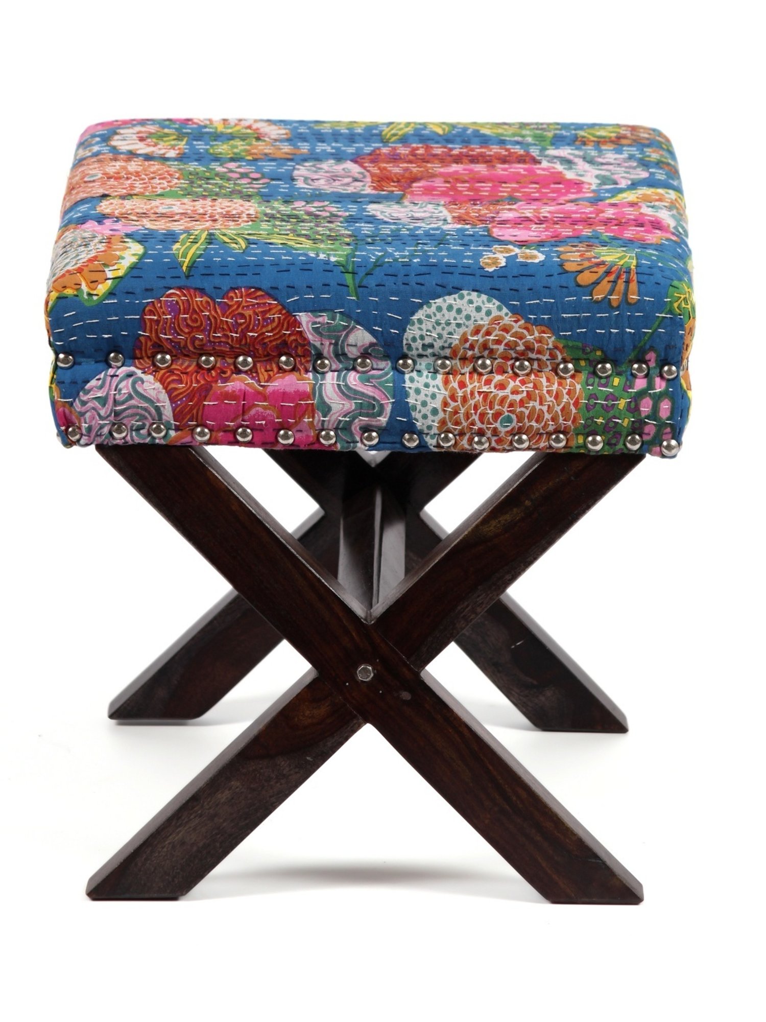 Chumbak Spring Marigold Floral Green Mango Wood Modern Trunk Storage Ottoman