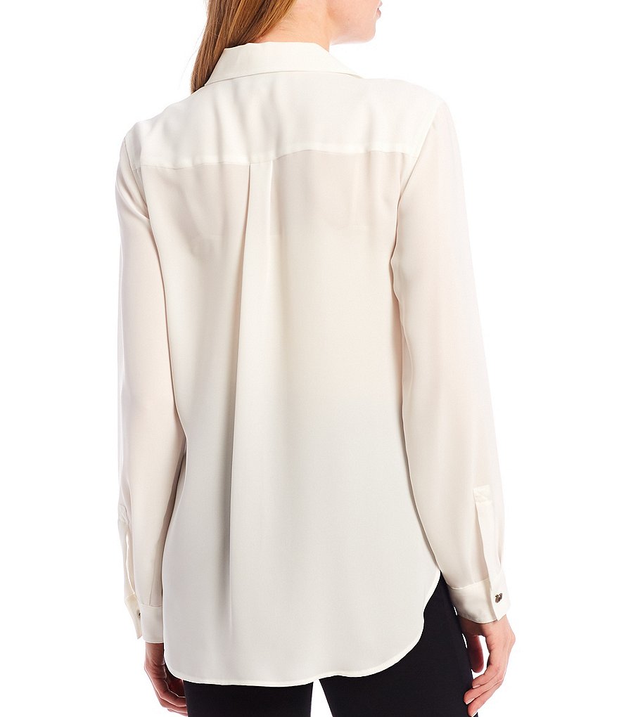 KARL LAGERFELD PARIS Point Collar Neck Long Cuff Sleeve Button Front Double Georgette Pocket Utility Blouse