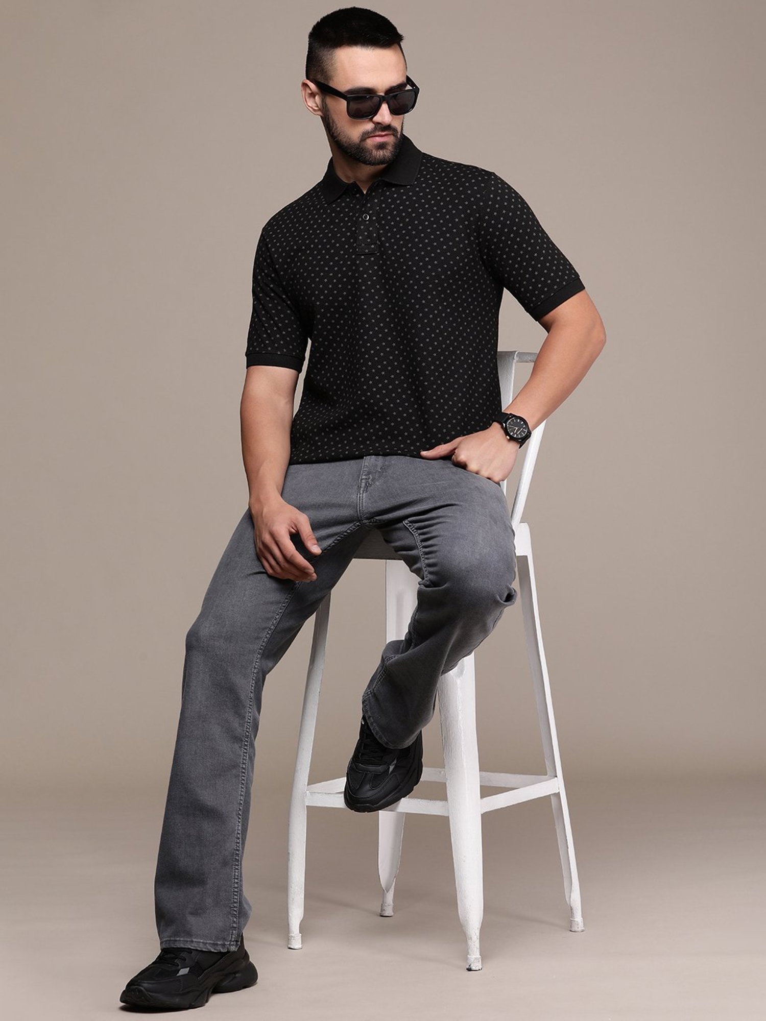 Burnt Umber Black Regular Fit Printed Polo T-Shirt