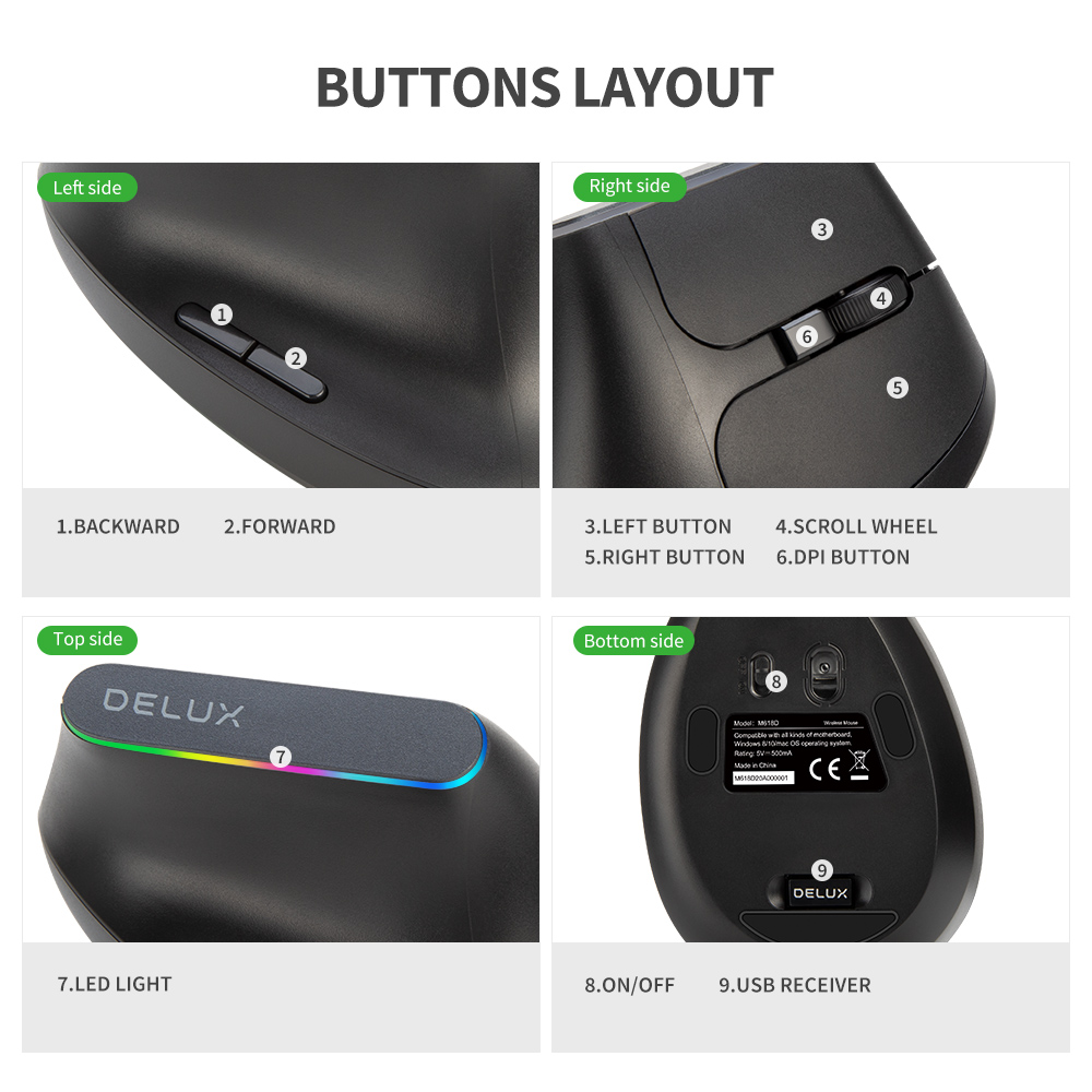 DELUX 2.4G Wireless Vertical Mouse, Rechargeable Ergonomic Mouse with USB Receiver, 6 Buttons and 1600DPI, Ergo 57 Degree Design Reduce Hand and Wrist Pressure for PC Laptp and Computer(M618D-Black)