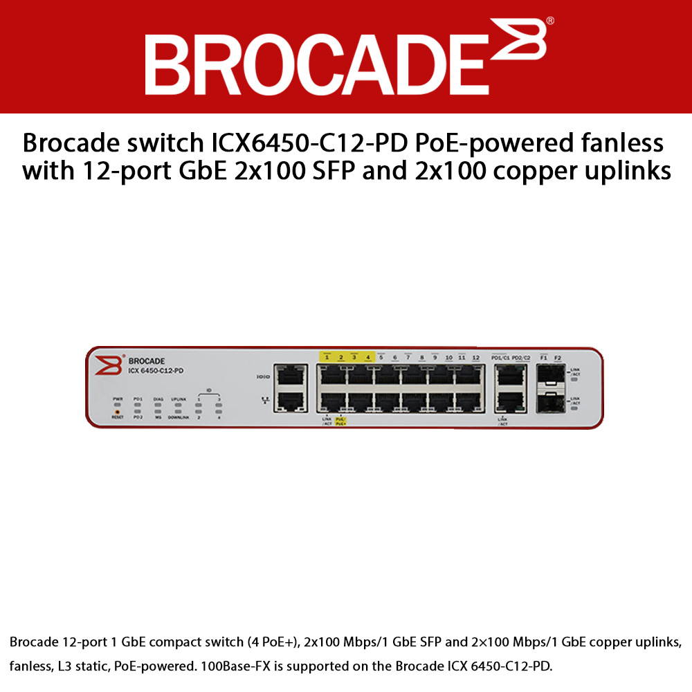 Brocade Communications - ICX6450-C12-PD - Brocade ICX 6450-C12-PD Ethernet Switch - Manageable - 2 Layer Supported - 1U