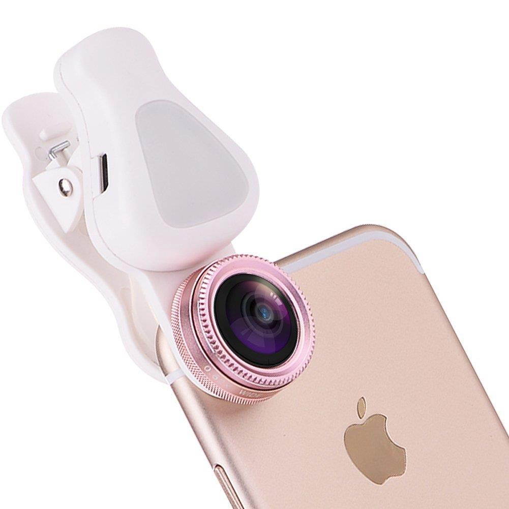 EIGIIS 3 In 1 Cell Phone Lens With Rechargeable Beauty Adjustable Brightness Fill Light 15X Macro Lens And 0.62X Super Wide Angle Lens For Smartphones (Gold)