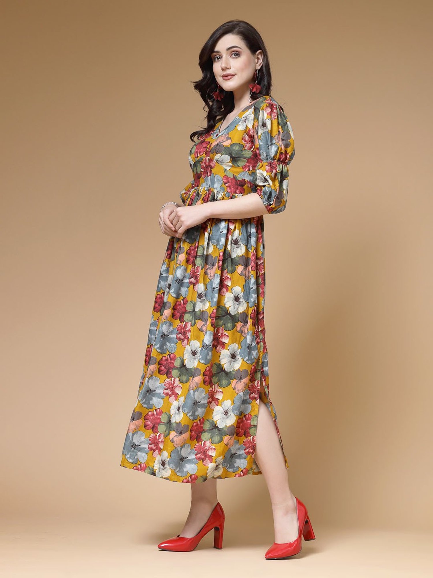 Indibelle Yellow Floral Ethnic Dress