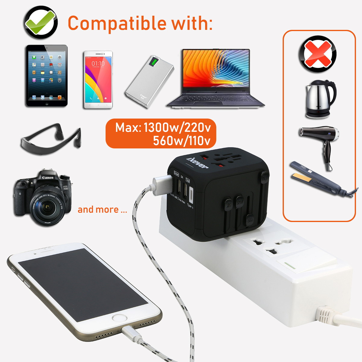 Power Adapter Travel Plug 4 USB Charger Ports Universal for 150 Countries with 3x USB Type A + USB Type C for UK Japan China EU Europe European
