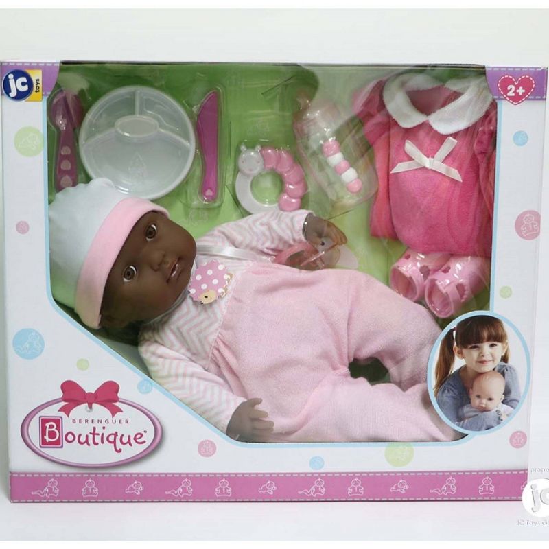JC Toys Berenguer Boutique - 10 Piece Gift Set with Pink 15" Realistic Soft Body Baby Doll - Open/Close Brown Eyes