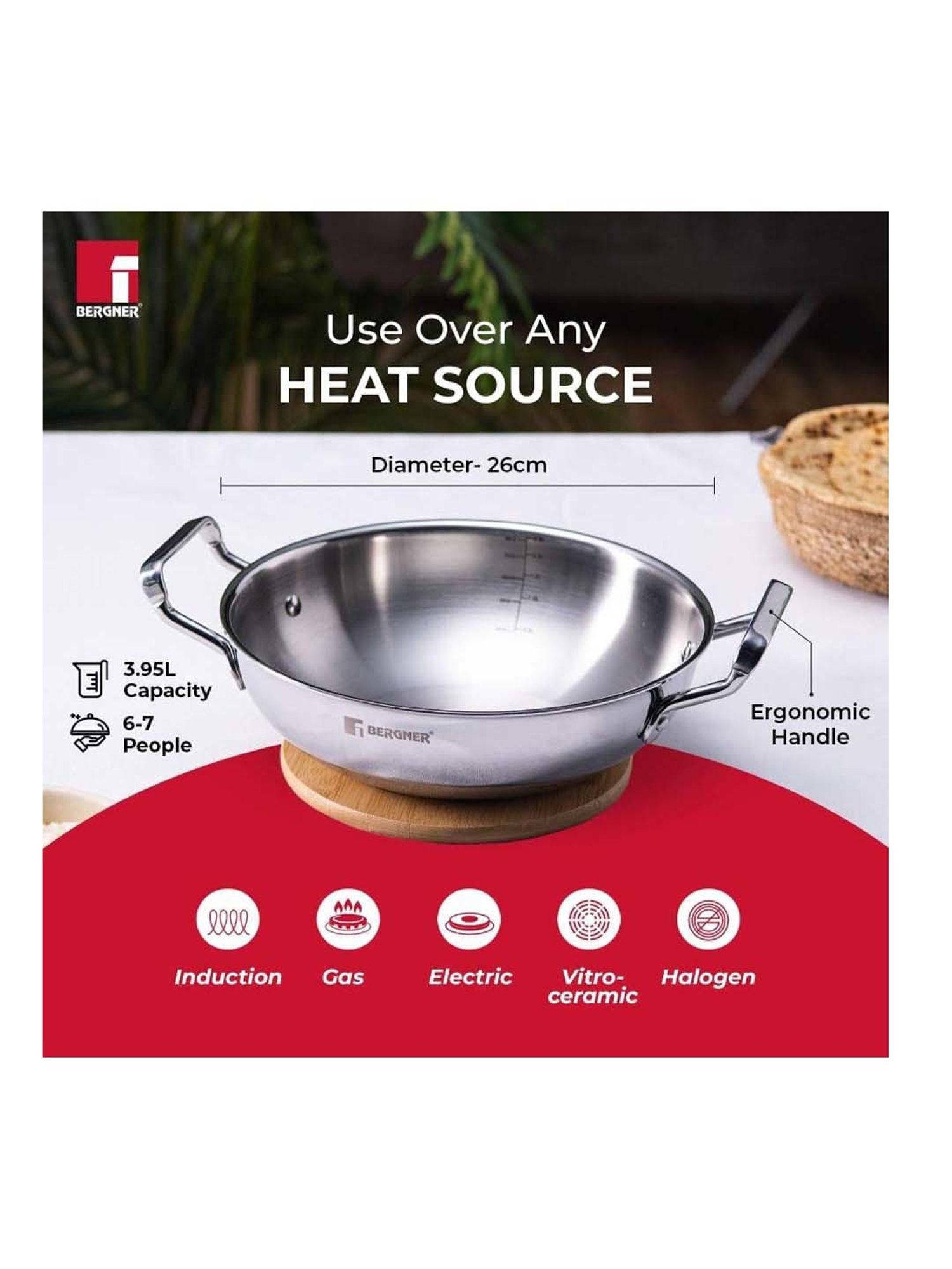 Bergner Tripro Silver Stainless Steel 26 cm Induction Friendly Triply Deep Kadai  With Lid (3.95 L)