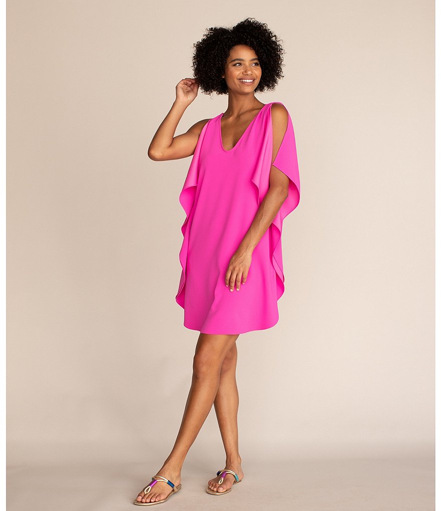 Trina Turk Haipo V-Neck Sleeveless Ruffle Side Details Shift Dress