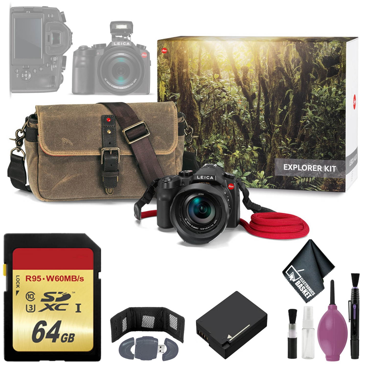 Leica V-LUX (Typ 114) Digital Camera Explorer Kit - 64GB - Memory Card Wallet - Reader - Battery