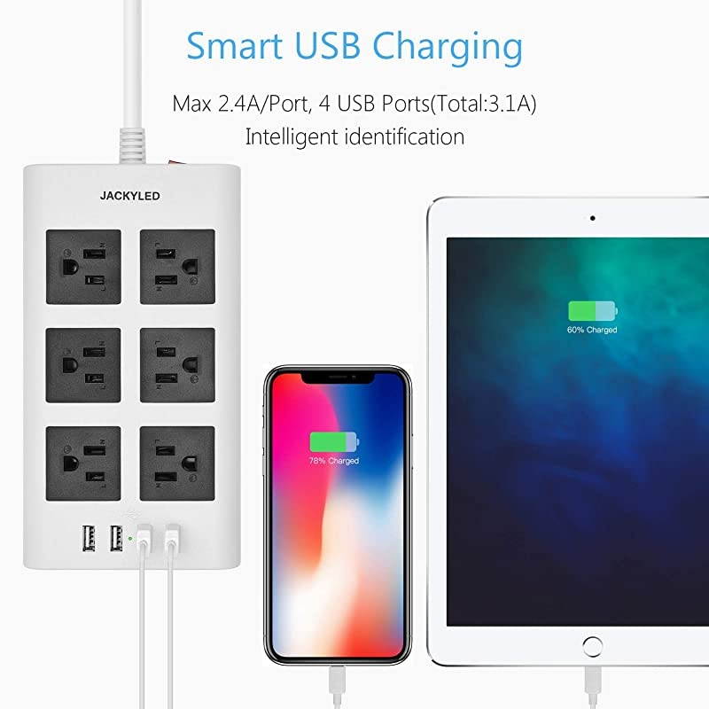 Flat Plug Power Strip 14AWG 15A Surge Protector  98ft Long Extension Cord 31A 4 USB Ports 6 Outlets Fast Charge Power Pack Fireproof Desktop Charger for iPhone Kindle Tablet Laptop PC White