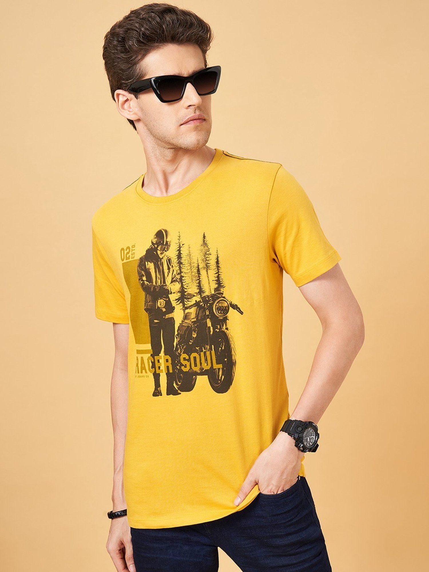 Sf Jeans By Pantaloons Mustard Slim Fit Printed T-Shirt