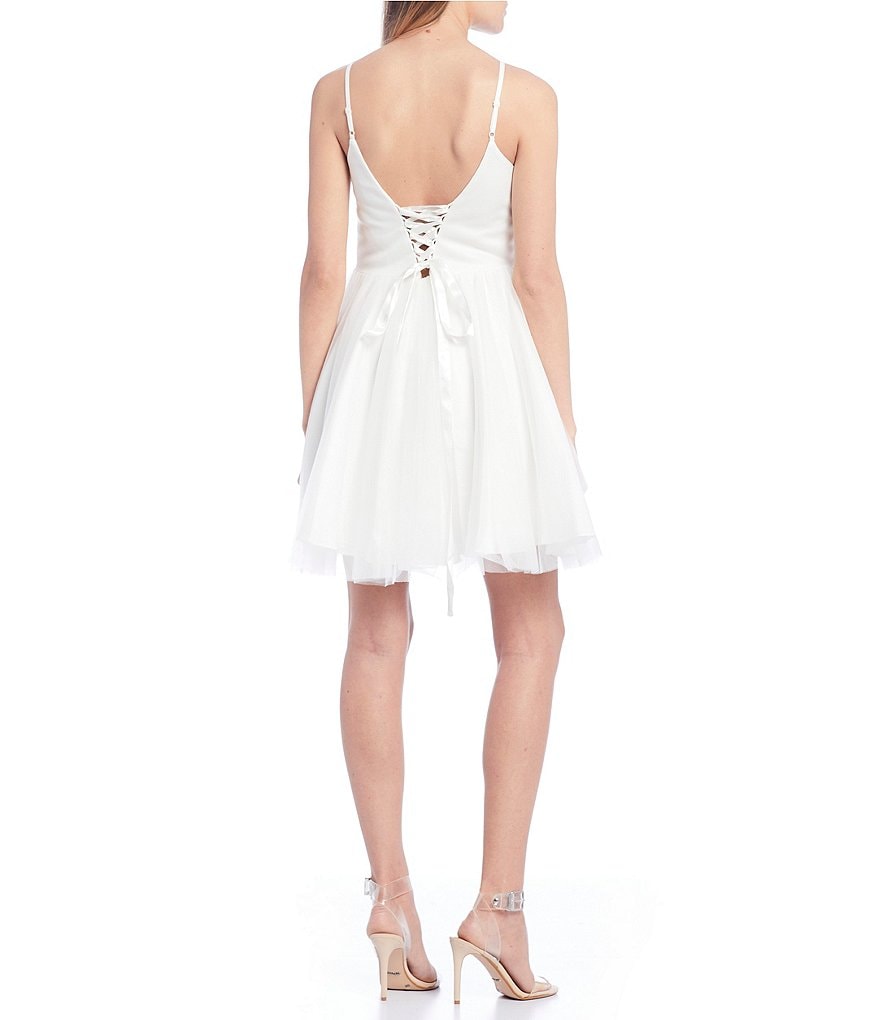 Blondie Nites Spaghetti Strap Embroidered Bodice Lace-Up Back Mesh Dress