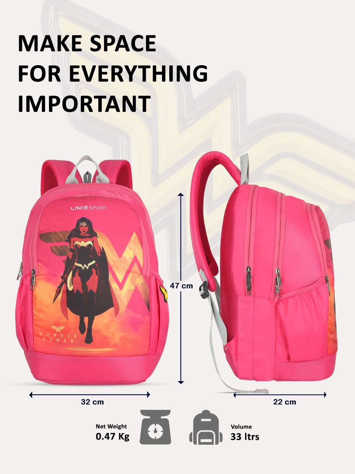 Lavie Sport Wonder woman 33L College Laptop Backpack For Boys & Girls (Magenta)